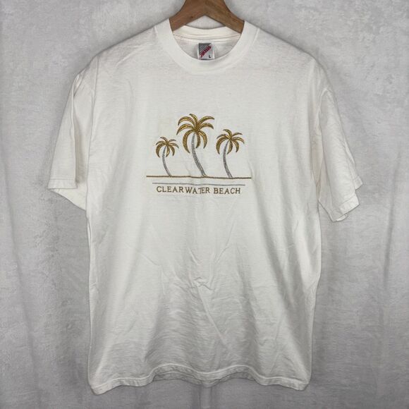 Vintage Clearwater Beach Florida T-shirt Palm Trees Size Large White Jerzees Tag - Picture 1 of 5